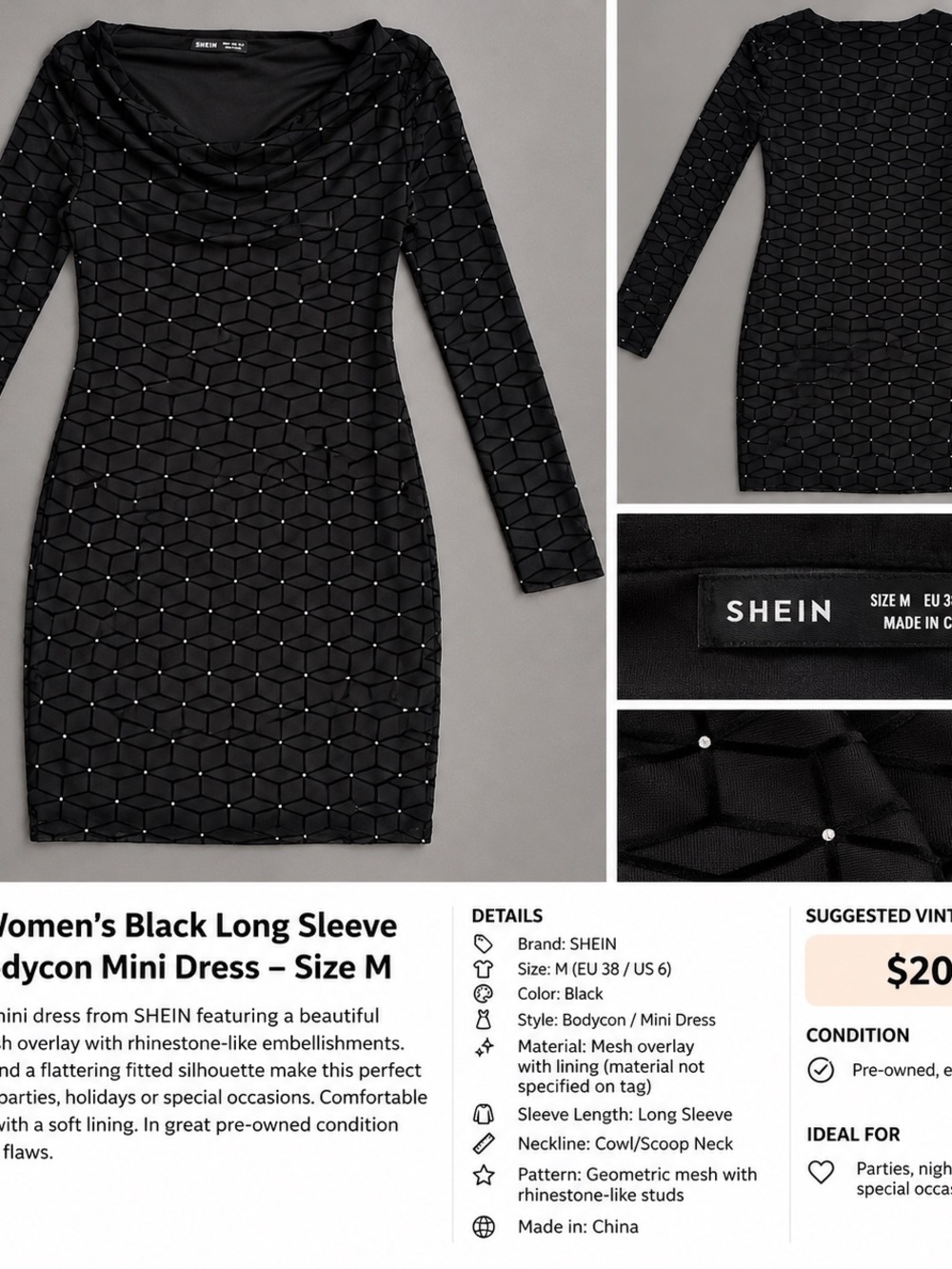 SHEIN Black Long Sleeve Rhinestone Geometric Bodycon Mini Dress